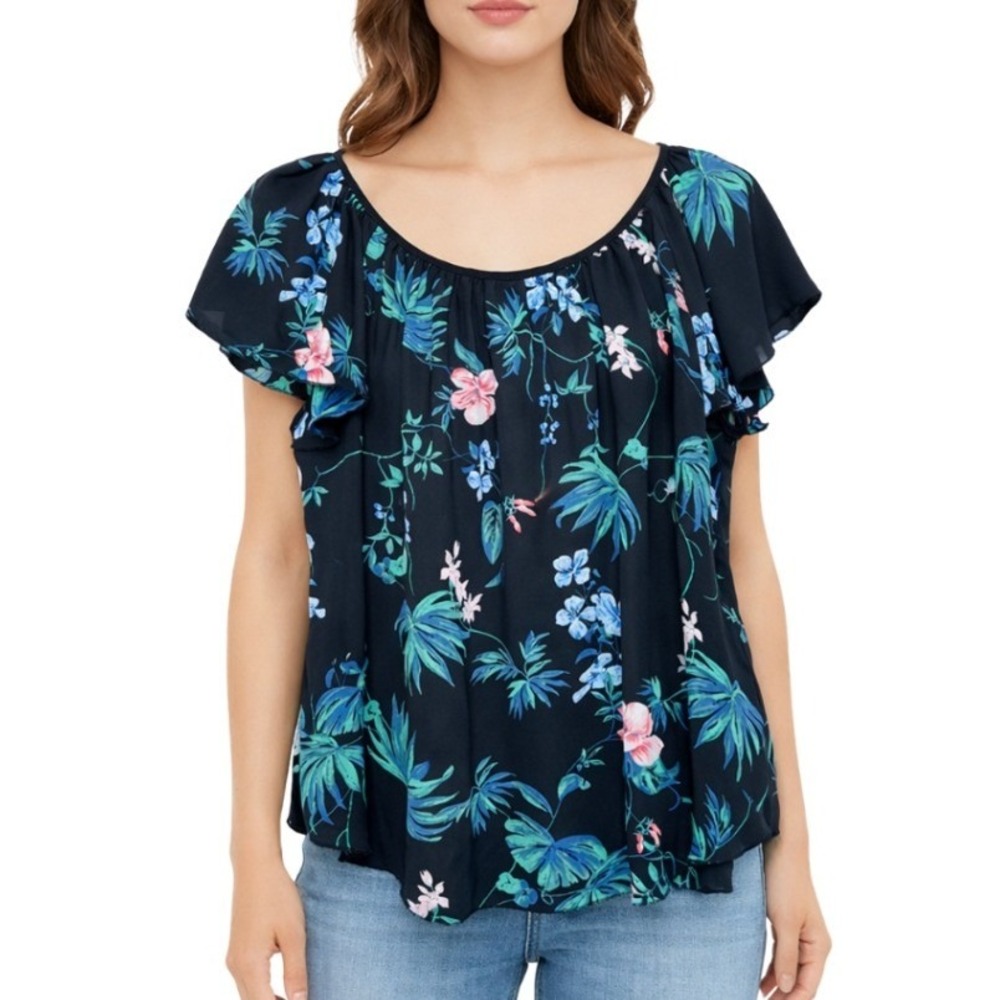 Philosophy Womens Black Tropical Floral Flutter Short Sleeve Blouse Size Medium